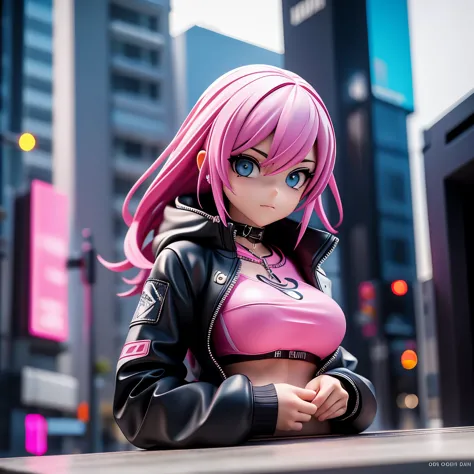 a woman wearing a pink bikini and a black jacket sits on the street, cyberpunk art style, cyberpunk 20 years old. oh，model girl,...