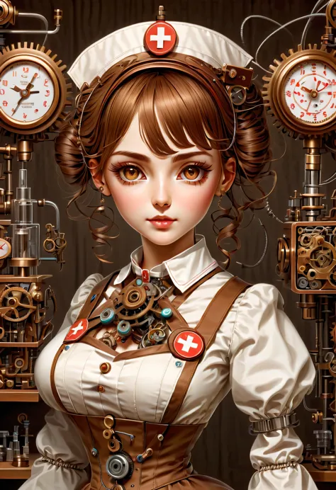 mechanism:humanoid:nurse:16th century European nurse uniform,doll face:perfect face:big brown eyes,eyelash,wiring,she is made of...