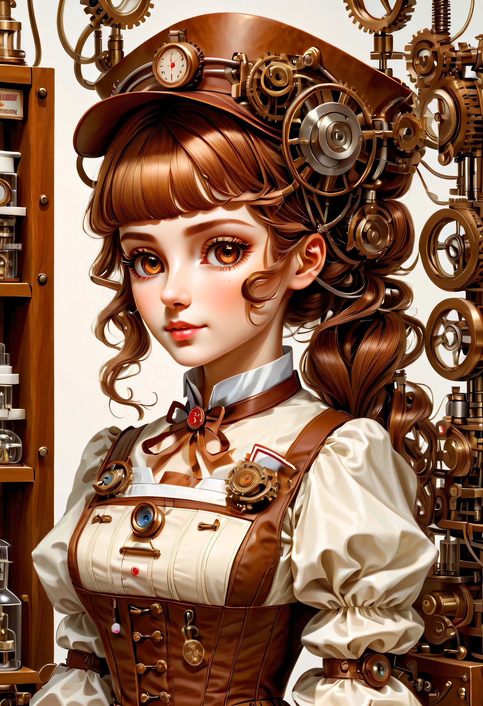 机制:人形生物:護士:16th century European 護士 uniform,娃娃臉:完美的臉:棕色的大眼睛,睫毛,接线,她是由機器製成的,她是一位護理專家,安全感,蒸汽朋克元素,机械的 engineering,机械的ly,机械的,流行音樂,可愛的,錯綜複雜的細節,很好,高解析度,高品質,最高品質,清楚地,清楚,美麗的光影,三个维度,可愛的外表,複雜的配置,机制,動態的,忙碌的,努力工作,讓人想要支持的表達方式,醫用器材,醫療用品貨架,小瓶,提出證據證明它是一台機器,迷人的,熟悉