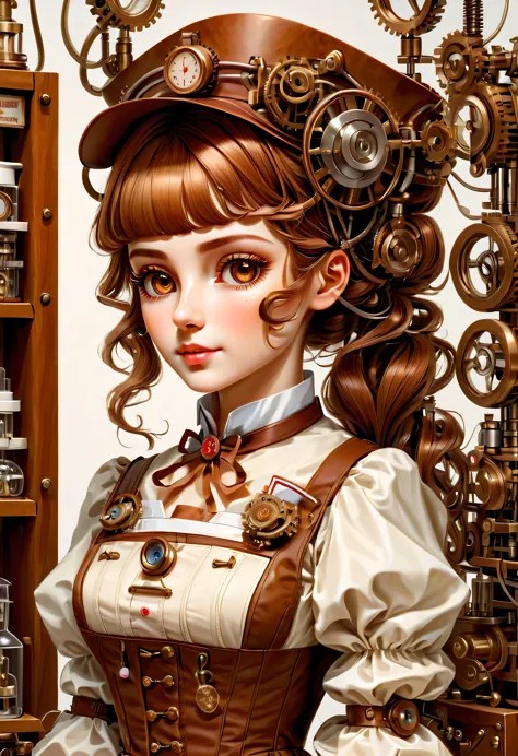 mechanism:humanoid:nurse:16th century European nurse uniform,doll face:perfect face:big brown eyes,eyelash,wiring,she is made of...