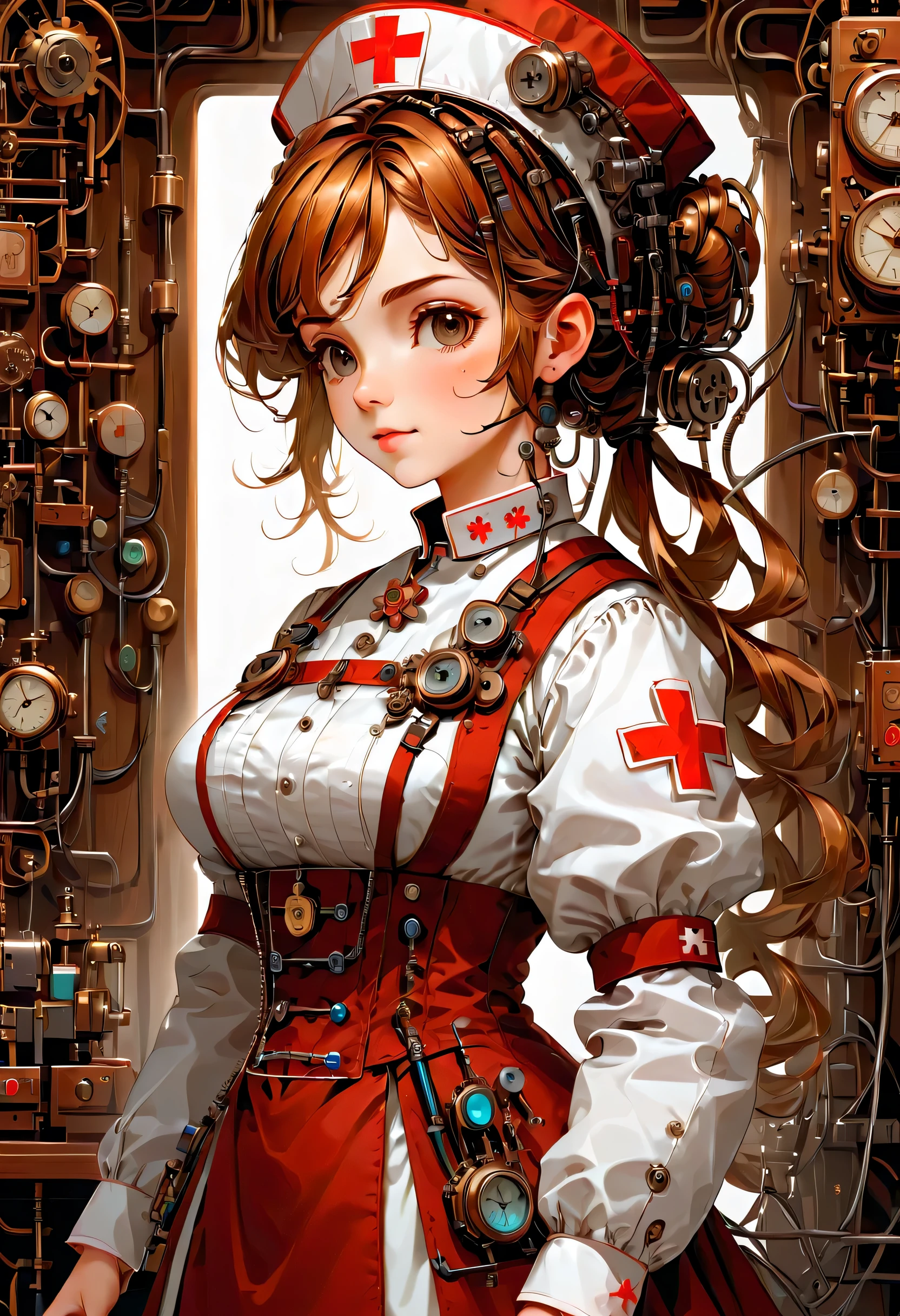 mechanism:humanoid:nurse:16th century European nurse uniform,Medical Supplies,Use electrical cords as hair ornaments,wiring,she is made of machinery,Steampunk element,Mechanical engineering,Mechanically,Mechanical,pop,cute,Equipment,shaft,intricate details,very fine,High resolution,high quality,最high quality,clearly,Be clear,beautiful light and shadow,Three dimensions,adorable appearance,complex configuration,mechanism,dynamic,busy,Work hard,An expression that makes you want to support,