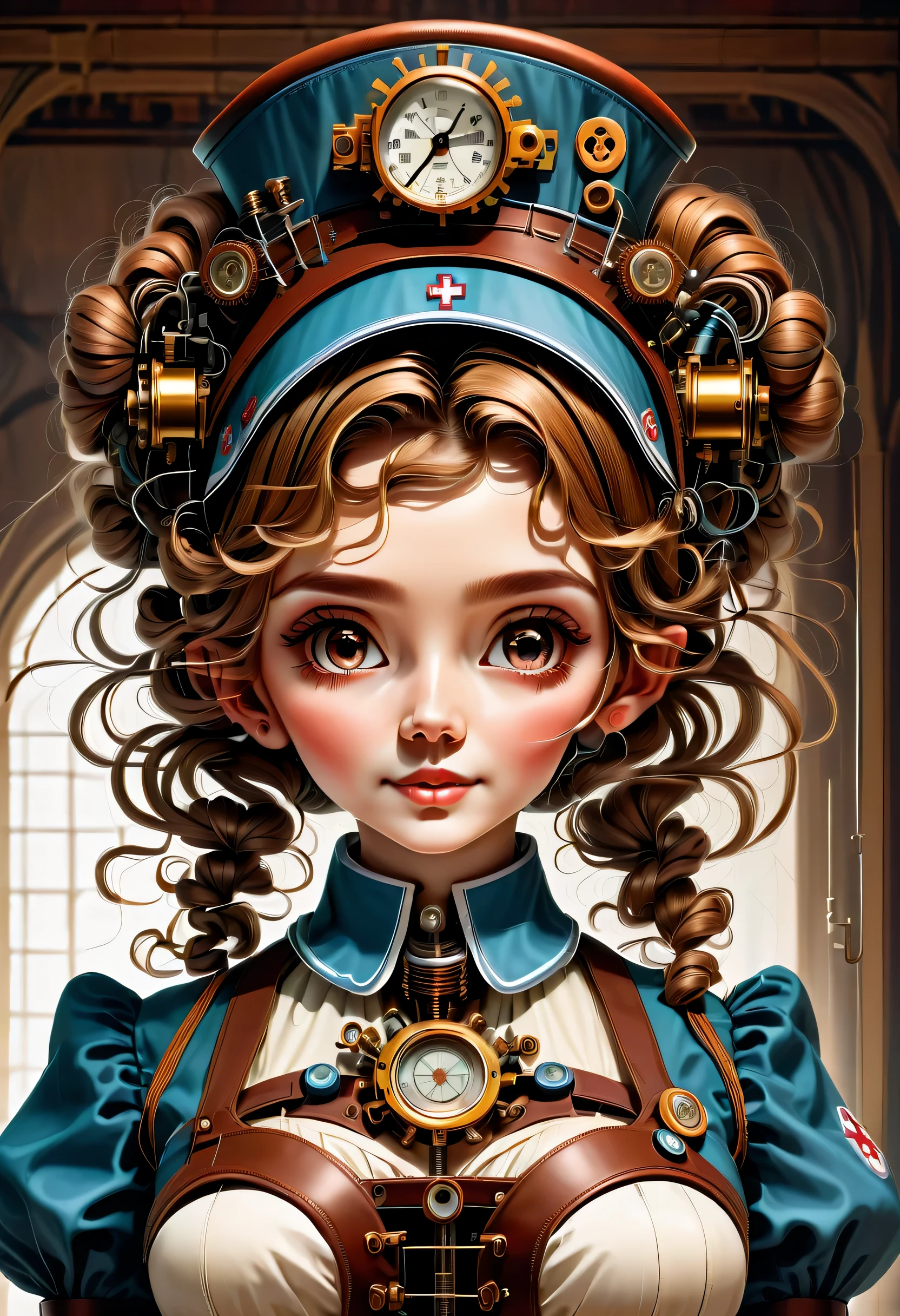 mechanism:humanoid:nurse:16th century European nurse uniform:whole body,doll face:perfect face:big brown eyes,eyelash,hide hair wires,she is made of machinery,Steampunk element,Mechanical engineering,Mechanically,Mechanical,pop,cute,intricate details,very fine,High resolution,high quality,最high quality,clearly,Be clear,beautiful light and shadow,Three dimensions,adorable appearance,complex configuration,mechanism,dynamic,busy,Work hard,An expression that makes you want to support,Medical equipment,medical supplies shelf,vial,show evidence that it is a machine,light from window