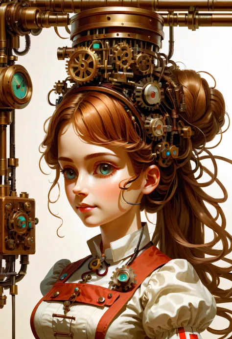 mechanism:humanoid:nurse:16th century european nurse uniform,medical supplies,use electrical cords as hair ornaments,wiring,she ...