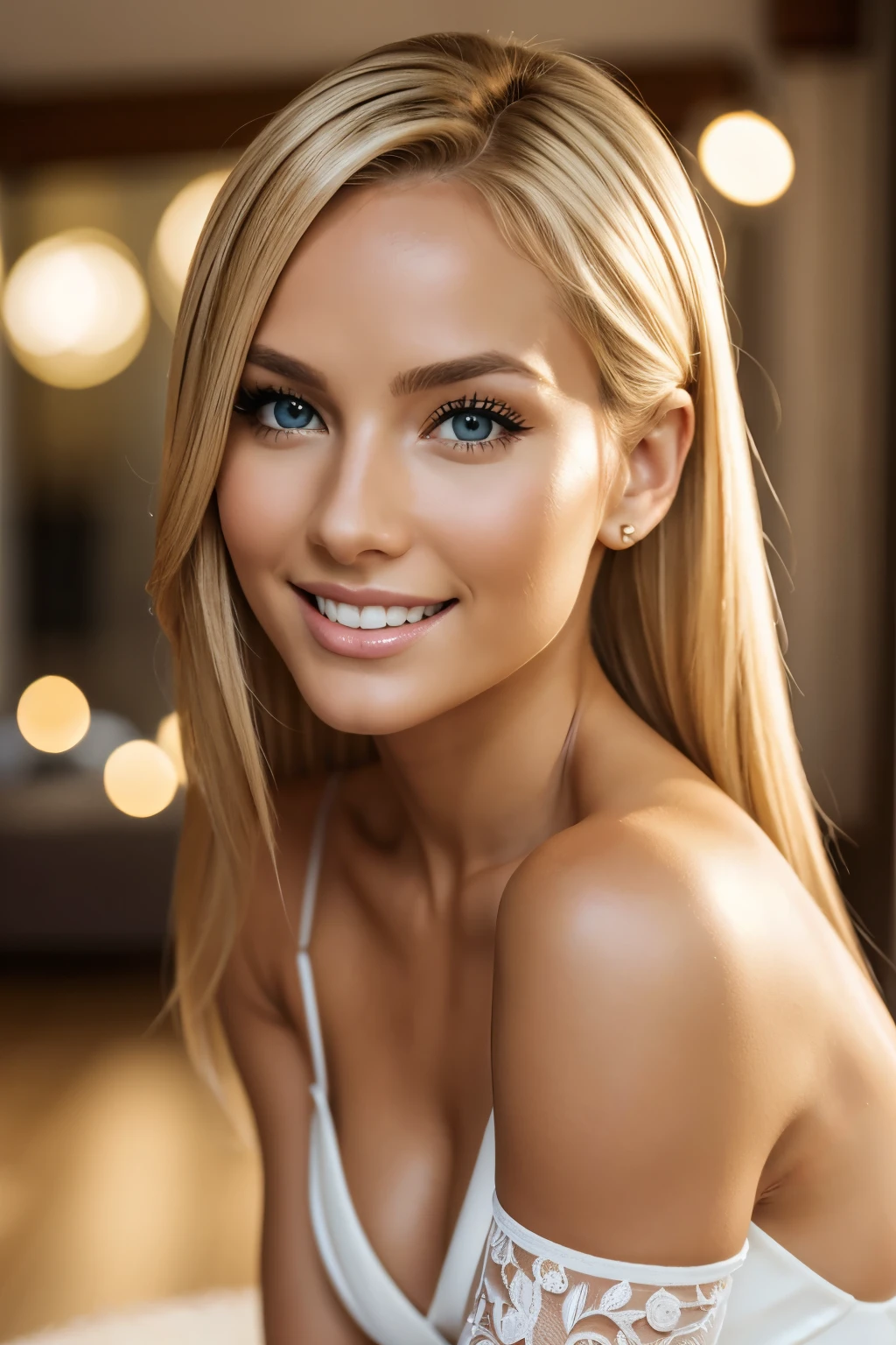 A woman with long blonde hair and blue eyes posing for a picture - SeaArt AI