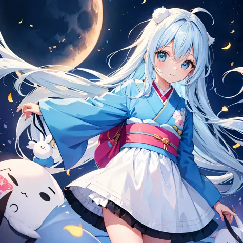 Light blue hair, long hair, cute stuffed rabbit, kimono, the moon is behind it