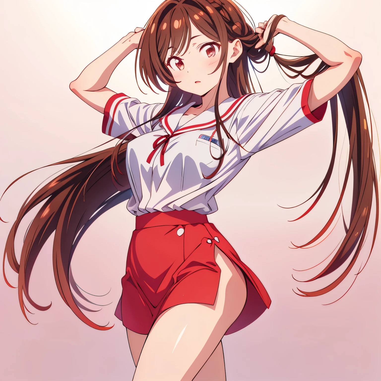 Anime girl with long hair in red shorts and white shirt - SeaArt AI