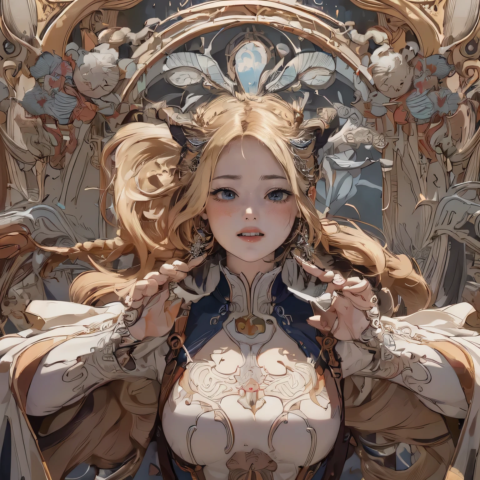 ((high definition symmetrical image)), aerial angle, (mechanical, complex body), ((huge god's weapon has female face's outline embedded, Art Nouveau, round face, smiling, small breast)), drooping eyes, blush, blond, braid,