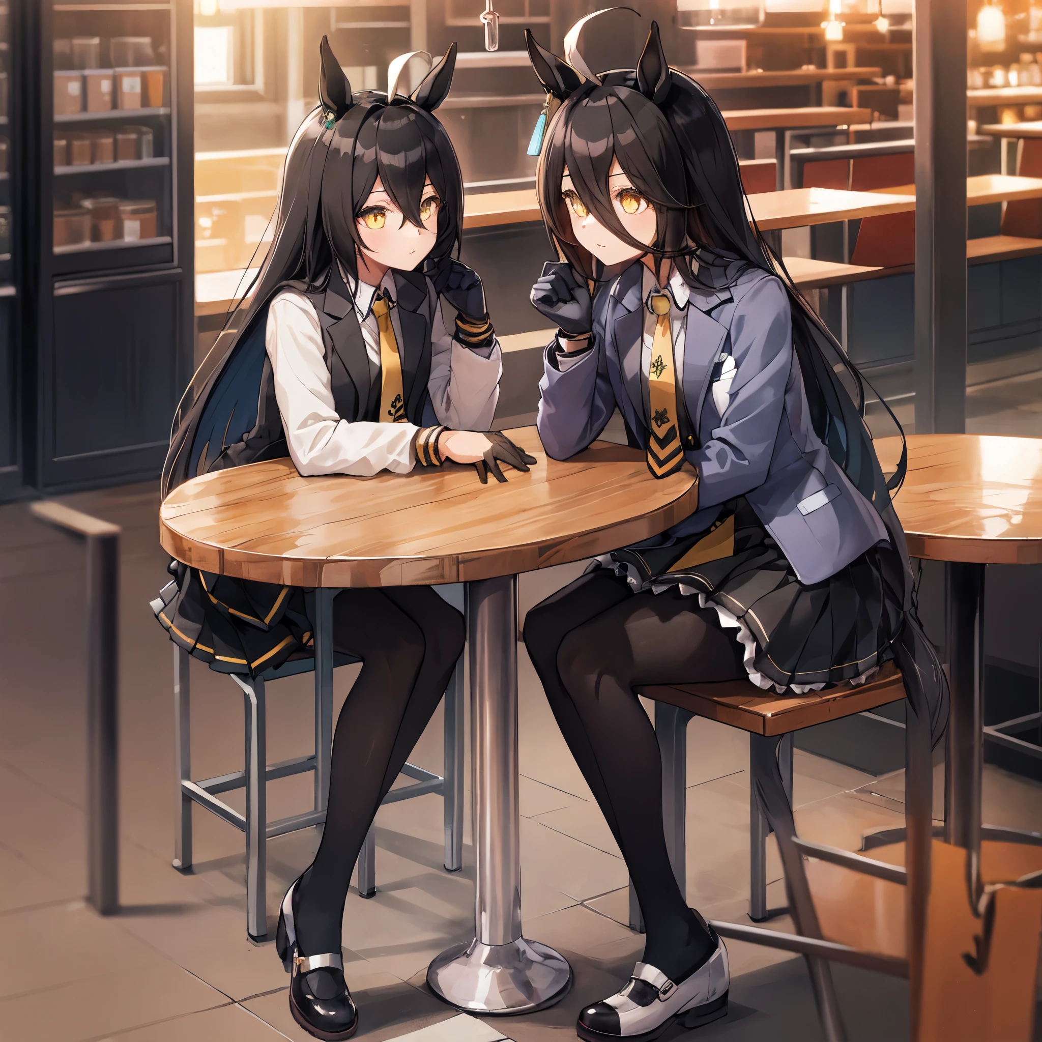 ((dessus de la table, la plus haute qualité)),(1 fille:1.2),Café de Manhattan,Café de Manhattan(Vêtements de course),Uma Musume,oreilles de cheval,cheveux_entre_œil,(seul:1.2),collants,longueur_cheveux, noir_cheveux, noir Gloves,jaune_œil,ahogé,cravate,noir_veste,jupe,noir_chaussure