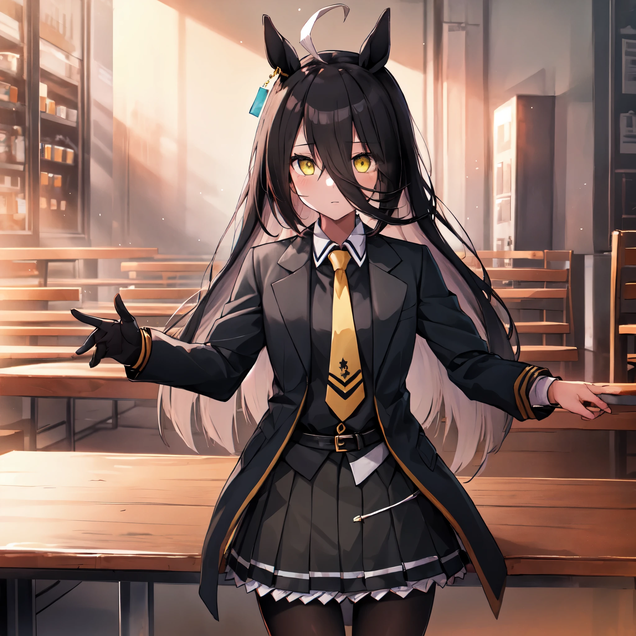 NSFW,((table top, highest quality)),(1 girl:1.5),manhattan cafe,manhattan cafe(racing wear),Uma Musume,horse ears,hair_between_eye,(alone:1.2),pantyhose,length_hair, black_hair, black Gloves,yellow_eye,Ahoge,tie,black_Jacket,skirt,black_footwear