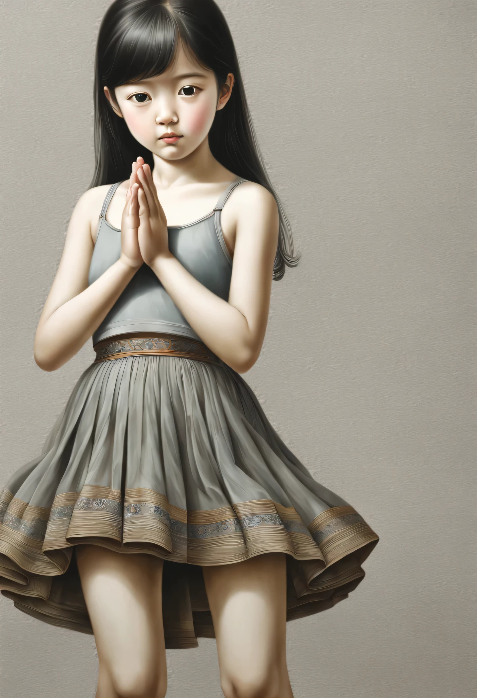 Nova Pintura Gongbi，1 jovem em frente a um fundo cinza，saia，Mãos em uma，rezando para a câmera，corpo perfeito，detalhes intrincados