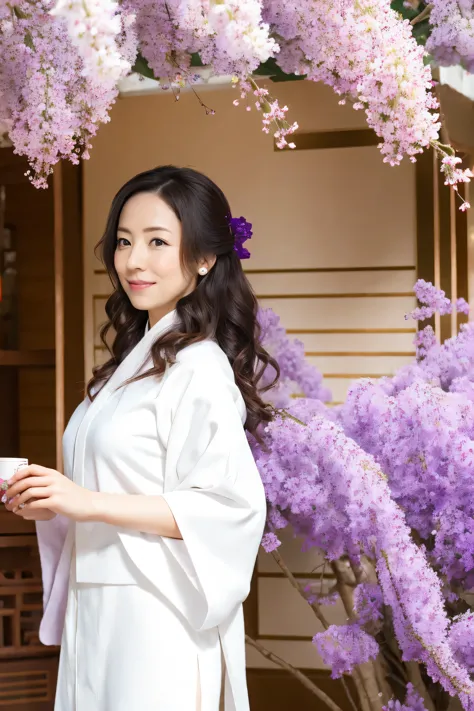 1girl, solo, cherry blossom, hanami, white flower, white flower, spring season, wisteria, petals, flower, plum blossoms, outdoor...