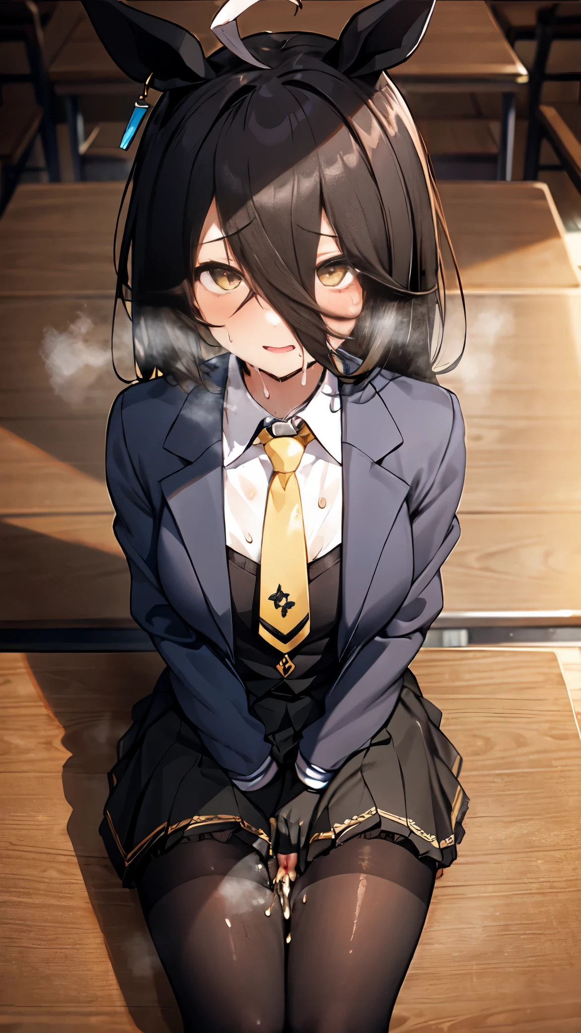 NSFW,((table top, highest quality)),(1 girl:1.5),manhattan cafe,manhattan cafe(racing wear),Uma Musume,horse ears,hair_between_eye,(alone:1.2),pantyhose,length_hair, black_hair, black Gloves,yellow_eye,Ahoge,tie,black_Jacket,skirt,black_footwear,I&#39;m in heat,excited,pants are visible,1 male,My pussy is being touched,shy,sex,A dick is inserted,On your back,Creampie,sexual treatment,sex slave,(Sweat:1.5),eyeが蕩けている,fall of pleasure