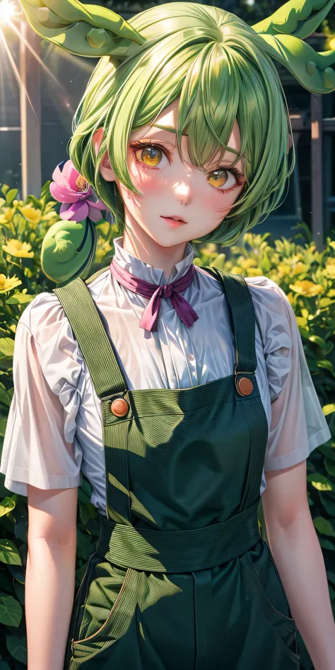 high quality, realistic,dark green hair,eyes are yellow,white shirt,green overalls, blush, night, flowers, sun, sunlight,