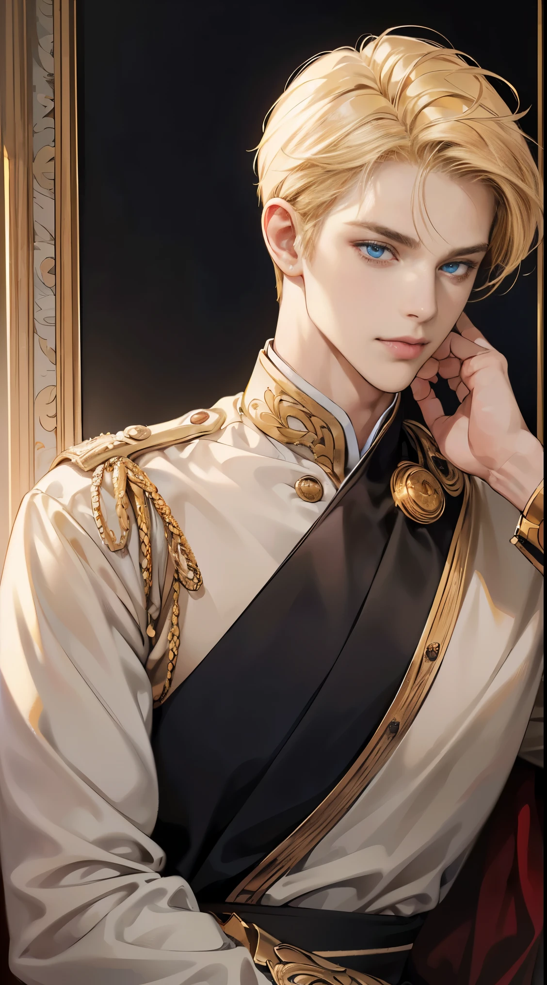 "best quality,8k,masterpiece,hdr,soft lighting,perfect image,digital illustration,comic art,photorealistic,detailed,perfect line,realistic,portrait" handsome man, blond hair with golden shine, deep blue eyes, sophisticated clothing (prince, confident posture, gentle smile), (golden shimmering black background, blurred)