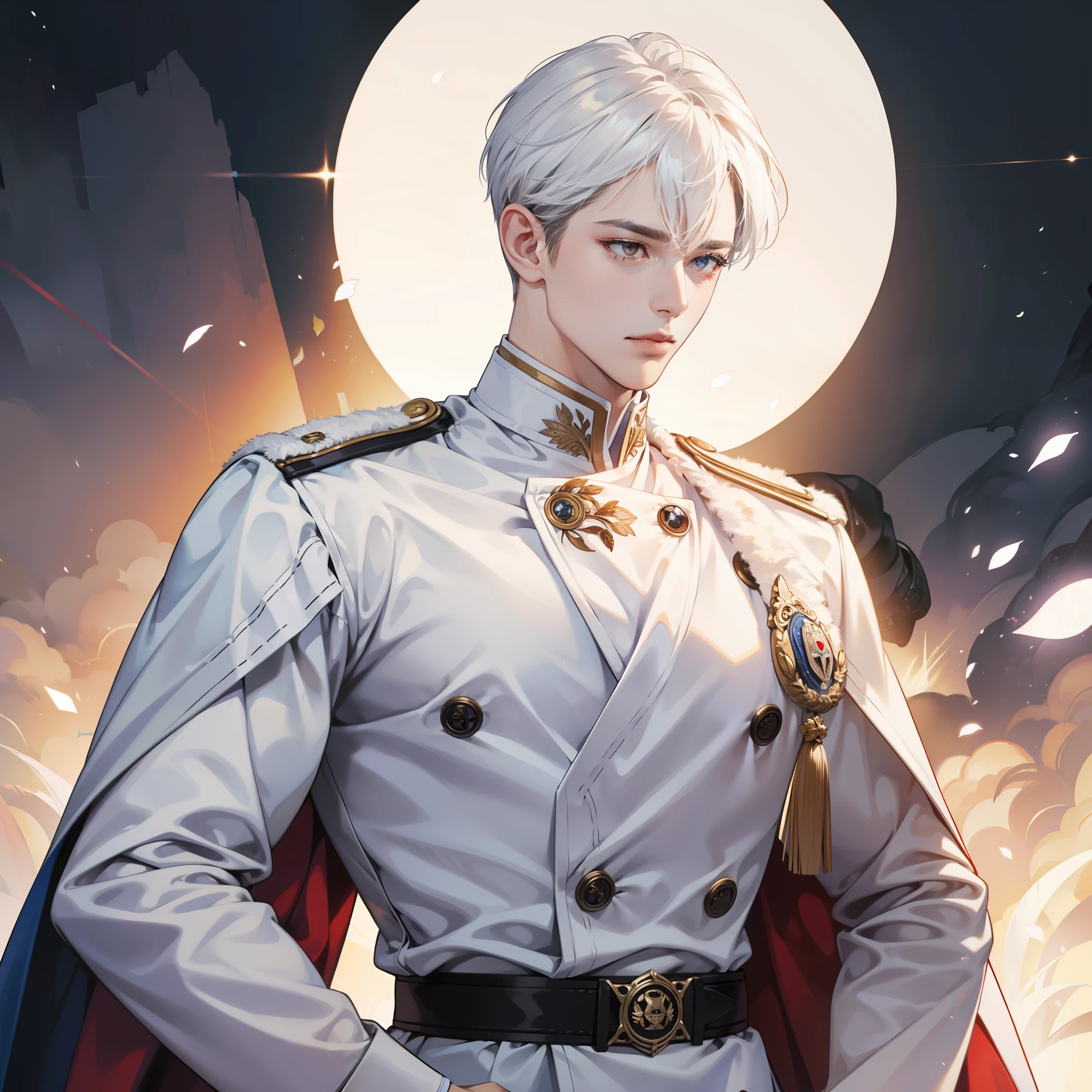 Masterpiece, high quality, best quality, HD, realistic, perfect lighting, detailed body, 1 man, white eyes, uppercut hair, white Hair, King White Uniform, Palace background.