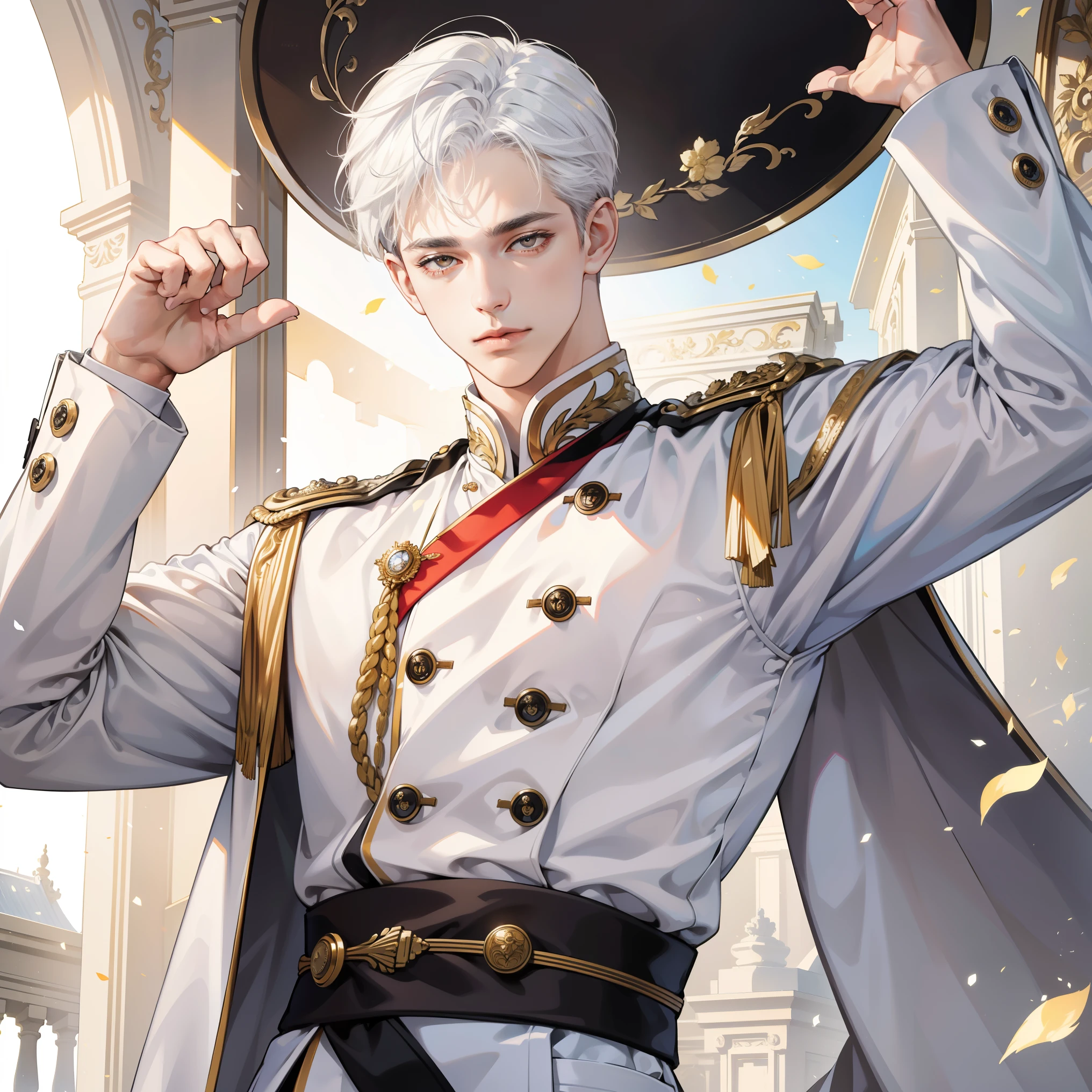 Masterpiece, high quality, best quality, HD, realistic, perfect lighting, detailed body, 1 man, white eyes, uppercut hair, white Hair, King White Uniform, Palace background.