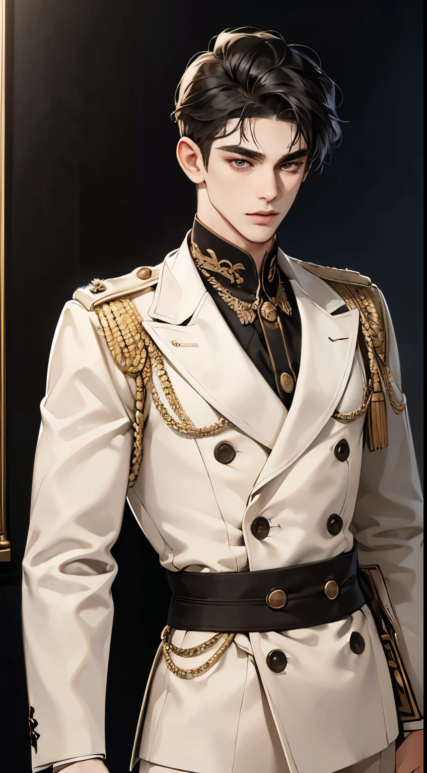 (Exaggerated, high resolution, high quality, high definition, masterpiece, top quality) 19-year-old man with handsome, short hair, detailed eyes and a detailed face, strikingly handsome, chiseled jawline, deep gaze, full hair, modern hairstyle, military uniform, golden headband, formal attire, confident posture, upscale suit, sophisticated design, silk fabric, tailored fit, glossy finish, composed, elegant background, high resolution, realistic, vibrant colors, dynamic lighting, sharp details