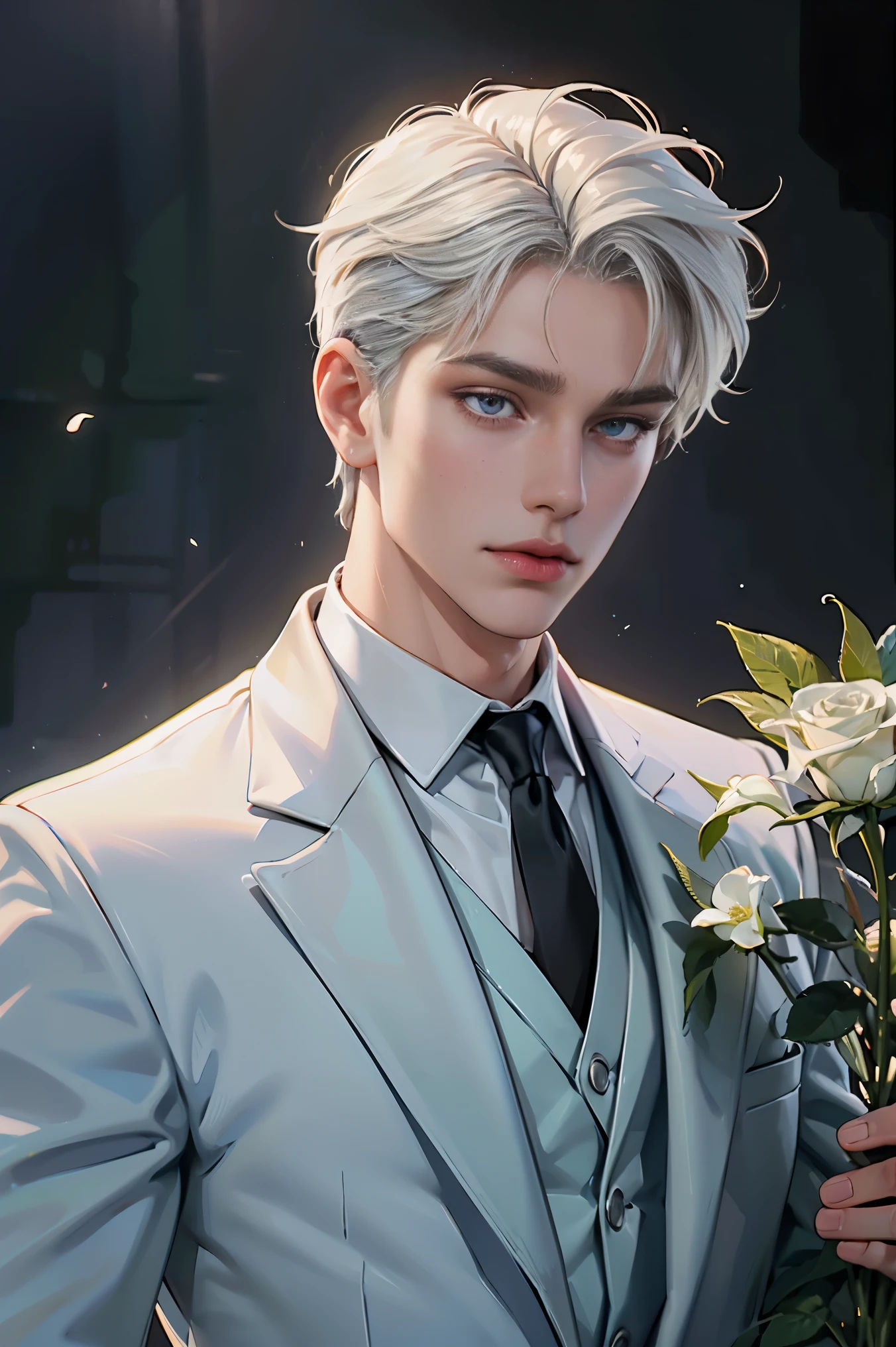 (best quality,HD,highres:1.2),detailed white-haired man in a white suit holding a rose,aesthetic gender-neutral prince,wearing neo-artcore and Charlie Bowater style,exquisite male character art, approaching perfection,Sony A7 IV shooting for HD quality,studio lighting,gentle blossoming of delicate flowers