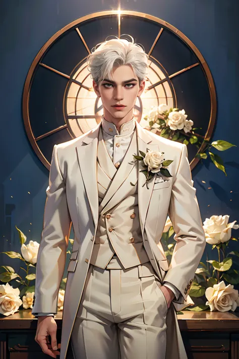 (best quality,hd,highres:1.2),detailed white-haired man in a white suit holding a rose,aesthetic gender-neutral prince,wearing n...