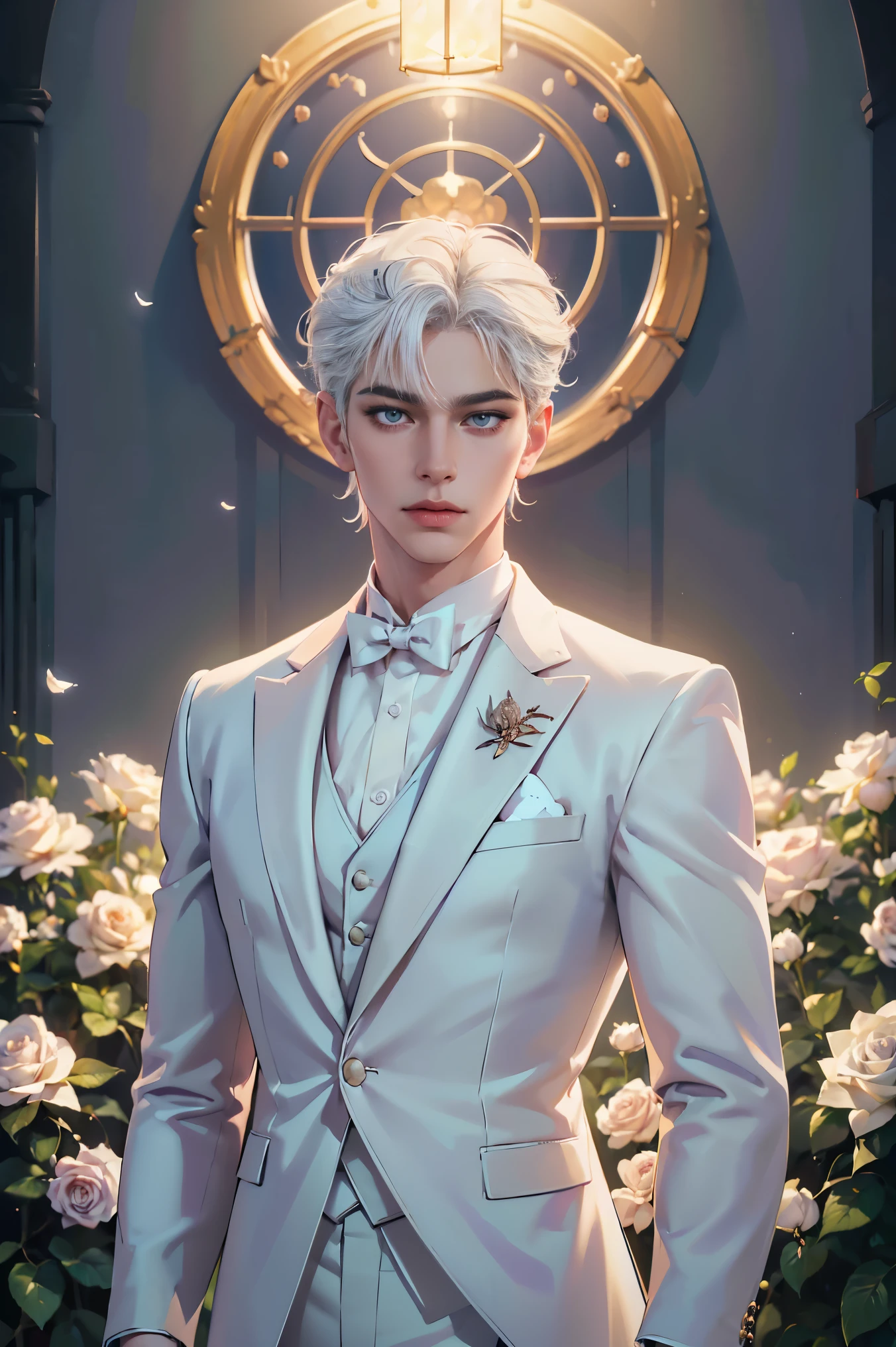 (best quality,HD,highres:1.2),detailed white-haired man in a white suit holding a rose,aesthetic gender-neutral prince,wearing neo-artcore and Charlie Bowater style,exquisite male character art, approaching perfection,Sony A7 IV shooting for HD quality,studio lighting,gentle blossoming of delicate flowers