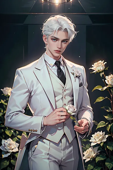 (best quality,HD,highres:1.2),detailed white-haired man in a white suit holding a rose,aesthetic gender-neutral prince,wearing n...