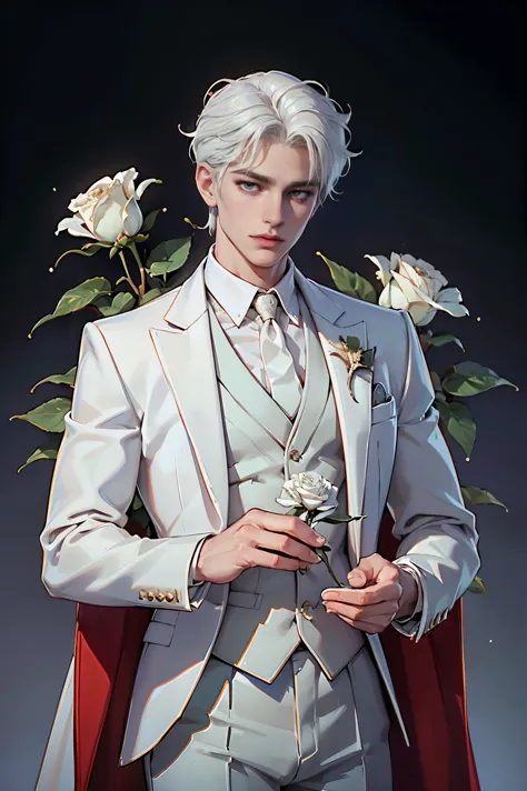 (best quality,HD,highres:1.2),detailed white-haired man in a white suit holding a rose,aesthetic gender-neutral prince,wearing n...