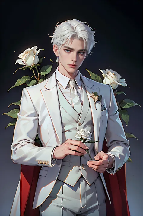 (best quality,hd,highres:1.2),detailed white-haired man in a white suit holding a rose,aesthetic gender-neutral prince,wearing n...