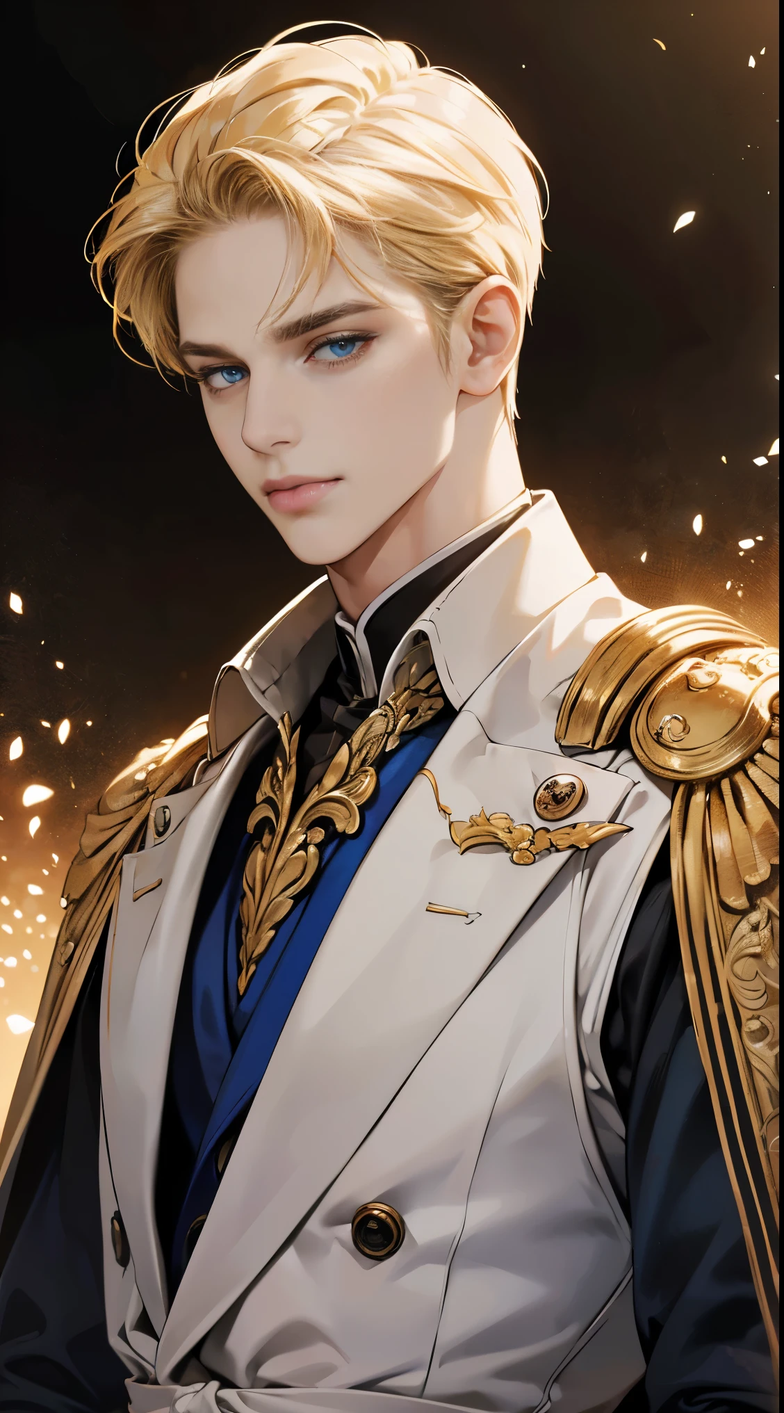 "best quality,8k,masterpiece,hdr,soft lighting,perfect image,digital illustration,comic art,photorealistic,detailed,perfect line,realistic,portrait" handsome man, blond hair with golden shine, deep blue eyes, sophisticated clothing (prince, confident posture, gentle smile), (golden shimmering black background, blurred)
