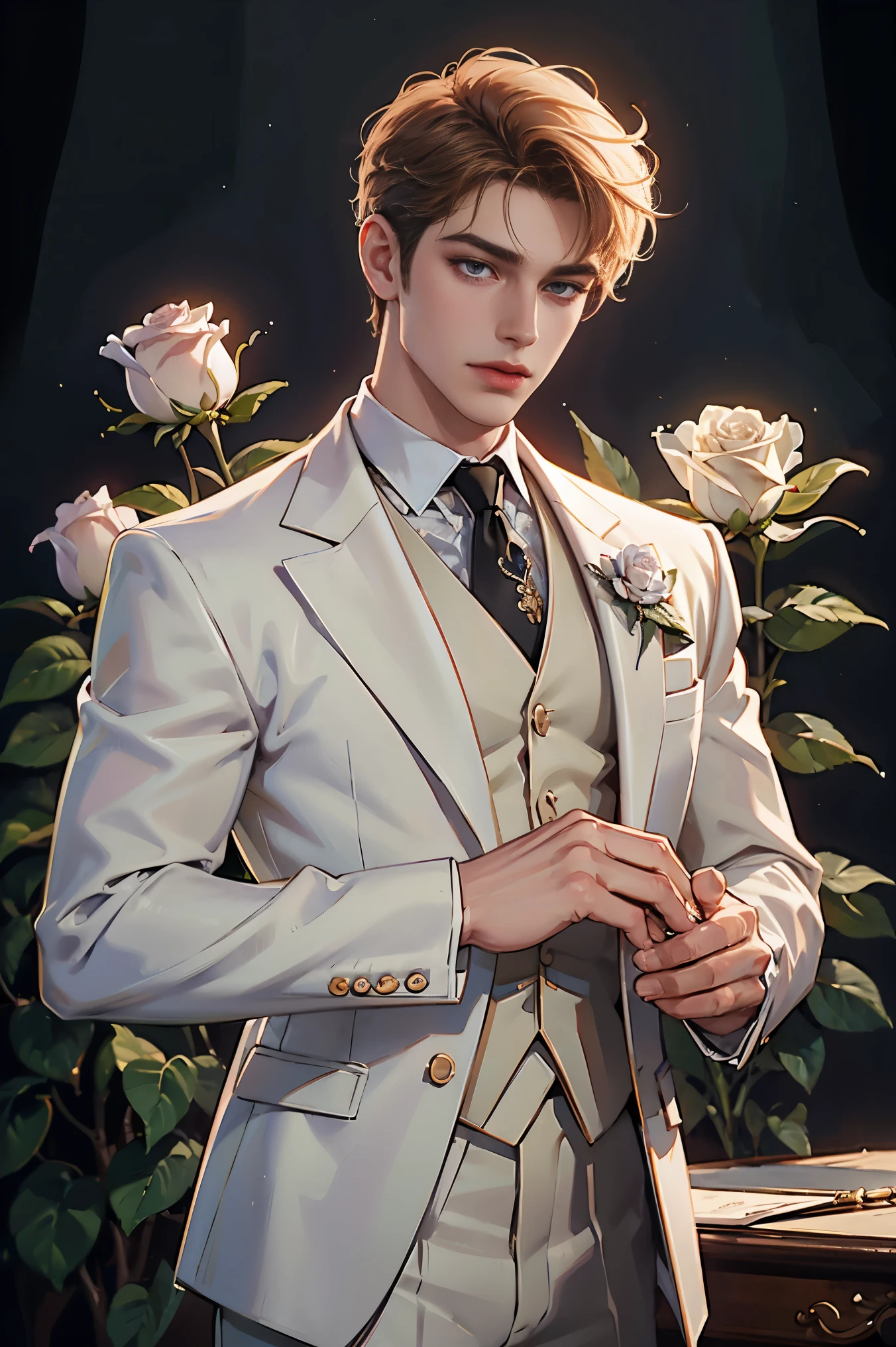 (alta qualidade,alta definição,4K:1.2),um homem de terno branco detalhado segurando uma rosa, príncipe esteticamente neutro, no estilo neo-core e Charlie Bowater, arte requintada de personagem masculino, quase perfeito, captured with Sony A7 IV for alta definição resolution, iluminação de estúdio, flores delicadas florescendo suavemente.