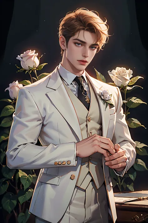 (high quality,HD,4k:1.2),a detailed white-suited man holding a rose, aesthetically neutral prince, in the style of neo-core and ...