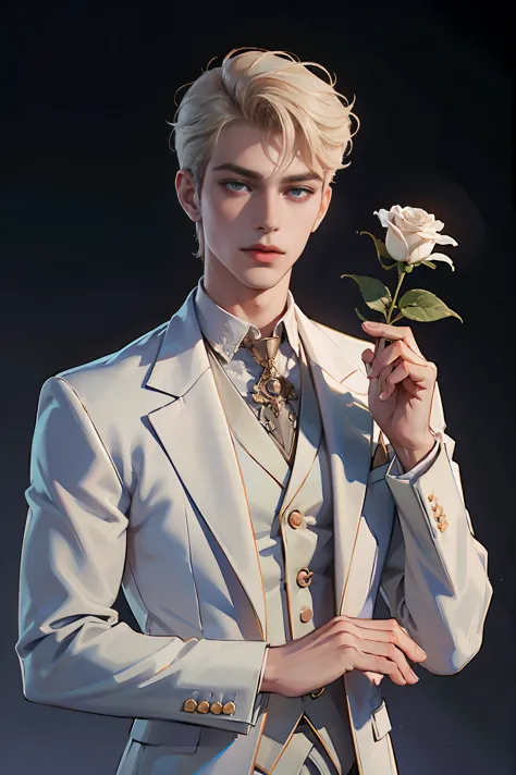 (high quality,HD,4k:1.2),a detailed white-suited man holding a rose, aesthetically neutral prince, in the style of neo-core and Charlie Bowater, exquisite male character art, almost perfect, captured with Sony A7 IV for HD resolution, studio lighting, deli...