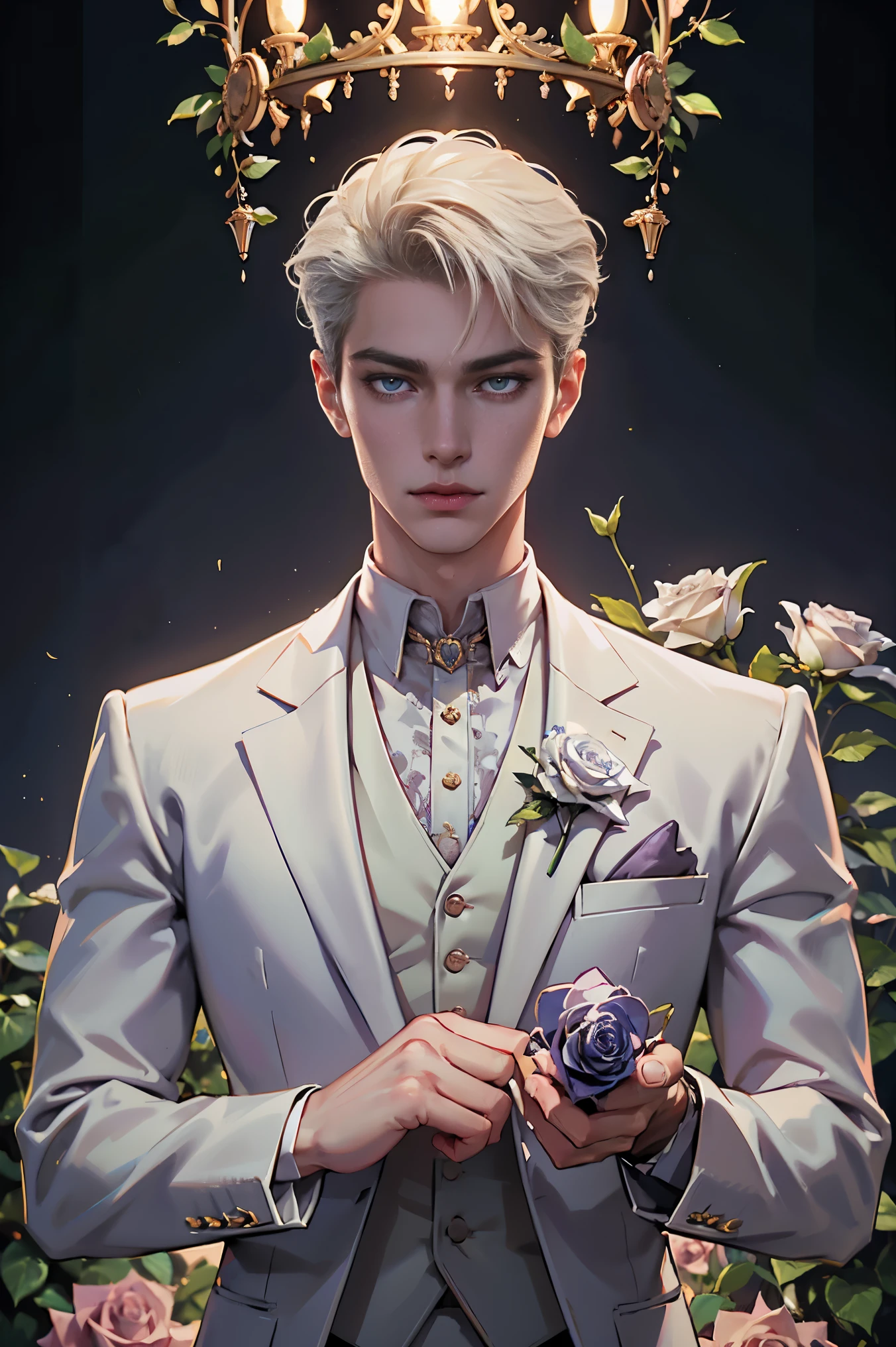 (alta qualidade,alta definição,4K:1.2),um homem de terno branco detalhado segurando uma rosa, príncipe esteticamente neutro, no estilo neo-core e Charlie Bowater, arte requintada de personagem masculino, quase perfeito, captured with Sony A7 IV for alta definição resolution, iluminação de estúdio, flores delicadas florescendo suavemente.