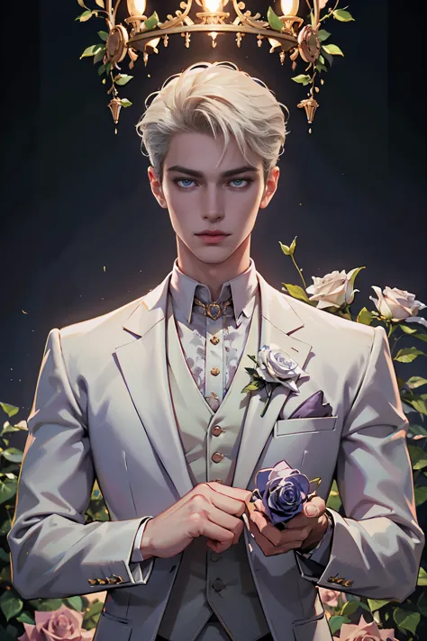 (high quality,HD,4k:1.2),a detailed white-suited man holding a rose, aesthetically neutral prince, in the style of neo-core and ...