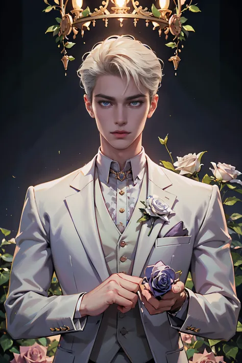 (high quality,hd,4k:1.2),a detailed white-suited man holding a rose, aesthetically neutral prince, in the style of neo-core and ...