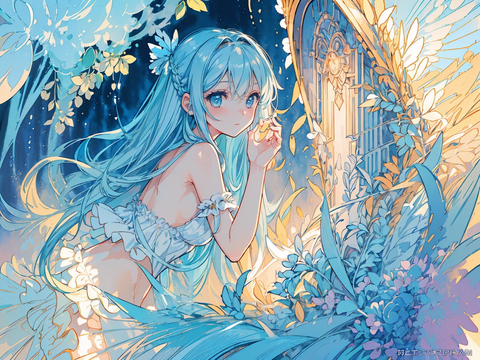 masterpiece, best quality, extremely detailed, (illustration, official art:1.1), 1 girl ,(((( light blue long hair)))), light blue hair, ,10 years old, long hair ((blush)) , cute face, big eyes, masterpiece, best quality,(((((a very delicate and beautiful girl))))),Amazing,beautiful detailed eyes,blunt bangs((((little delicate girl)))),tareme(true beautiful:1.2), sense of depth,dynamic angle,affectionate smile, (true beautiful:1.2),,(tiny 1girl model:1.2),(flat chest)), Soft Focus ,((ultra-detailliert:1.2))、(The best lighting、Best Shadows、extremely delicate and beautiful)、(the Extremely Detailed CG Unity 8K Wallpapers、​masterpiece、best qualtiy、ultra-detailliert)、(The best lighting、Best Shadows、extremely delicate and beautiful)、(the perfect body:1.5)、Best Quality, (Illustration:1.2), (Ultra-detailed), hyperdetails, (delicate detailed), (Intricate details), (Cinematic Light, best quality backlight), Perfect body, ( extremely delicate and beautiful), Cinematic Light、(masterpiece), sexy, posterior, floral lace undies, natural light, ,sky background,beautiful clouds,The light from the back window is backlit.,element,Watercolor pattern in calm colors),(watercolor texture), ((1 girl),,adorable,Angelic),light smile,lolita prostitute,best image quality