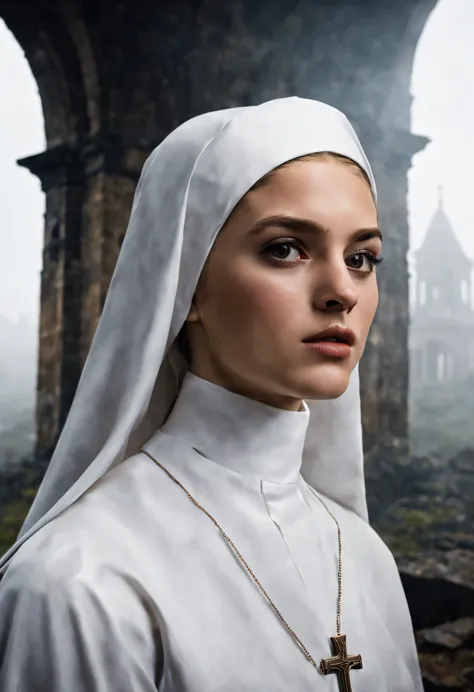 masterpiece, (a half body shot:1.3), (a beautiful catholic 18 years old nun girl is in the foreground, ultra realistic face, ult...