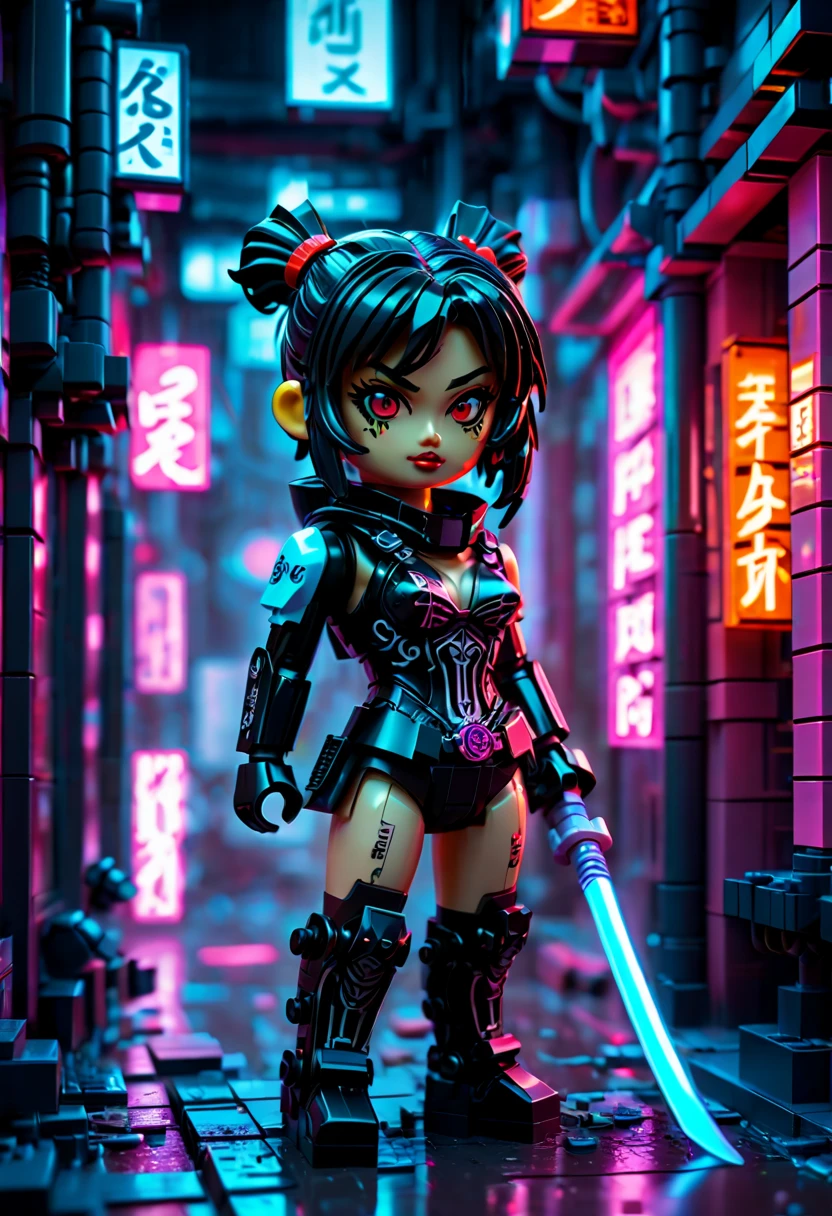 lego art, chibi girl standing in a neon-lit cyberpunk alleyway with a futuristic katana, (best quality, masterpiece, Representative work, official art, Professional, Ultra intricate detailed, 8k:1.3)