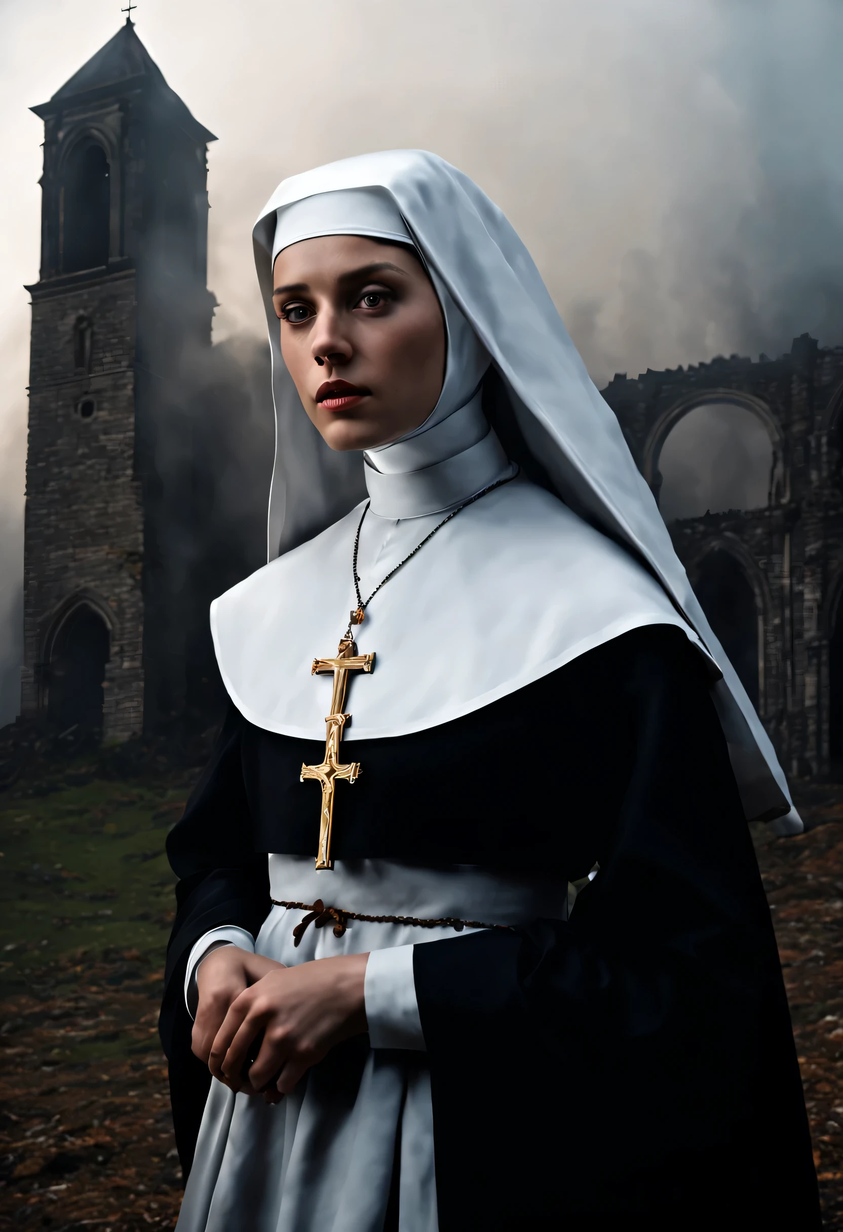 Masterpiece, (a half body shot:1.3), (A beautiful catholic 18 years old nun girl is in the foreground, ultra realistic face, ultra detailed face:1.4), her silhouette stark against the dimly lit backdrop of the ruined abbey. (Wisps of fog swirl around her feet, adding to the sense of isolation and vulnerability:1.2). The abbey itself looms ominously behind her, its once-grand architecture now reduced to decaying ruins. Shadows play tricks on the eye, suggesting hidden figures or lurking dangers within the mist. The overall atmosphere is one of dread and impending peril, as the nun braces herself for whatever horrors the dawn may bring, 8K, ultra high res.photorealistic, UHD, fog
