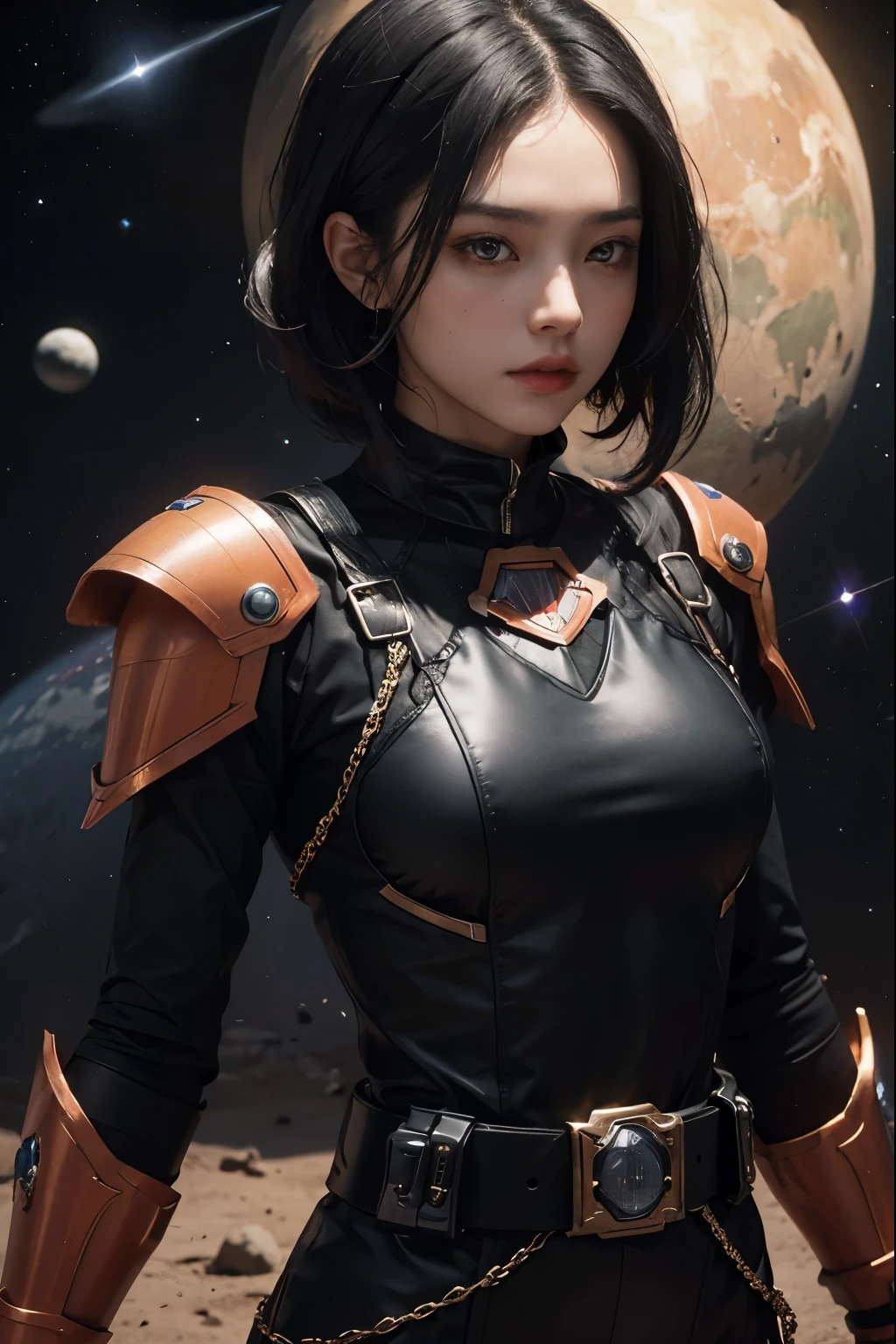 Upper body close-up image.A beautiful woman. 20s. Black hair. She wears a metallic black battle uniform. There is something on his waist that is reminiscent of Kamen Rider's transformation belt. An image of outer space and Mars in the space behind her. A masterpiece.