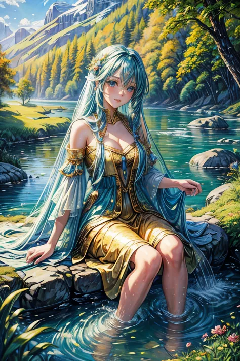 (detailed oil painting:1.2),vivid colors,vibrant scenery,serene atmosphere,colorful costume,flowing hair,, sparkling river, lush...
