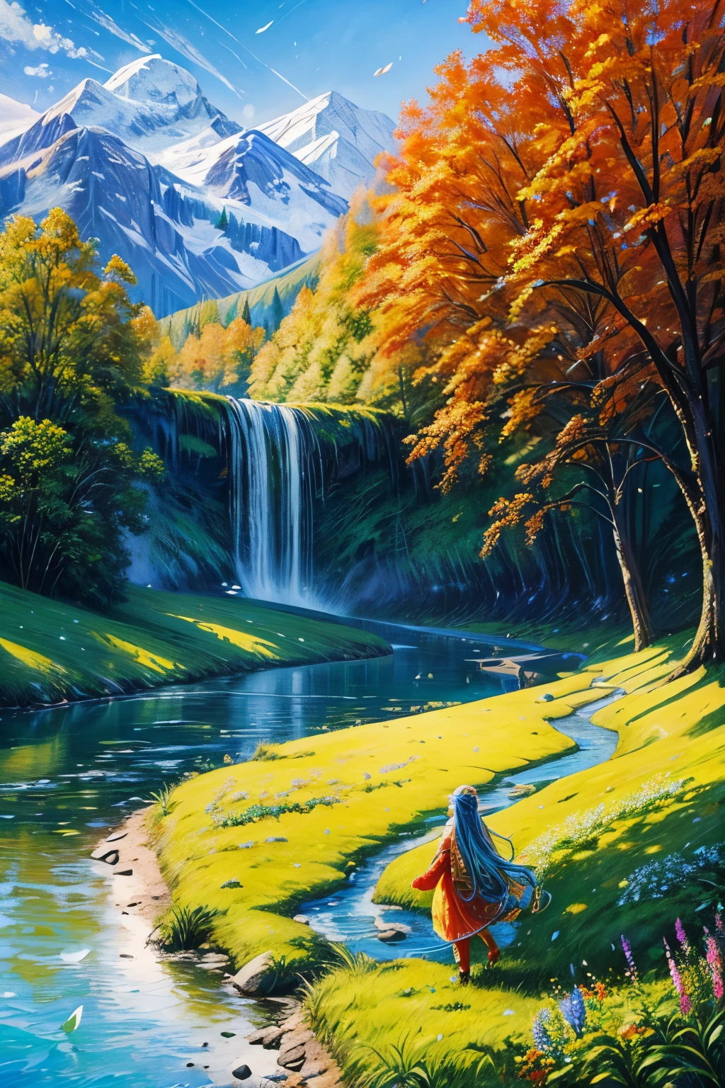 (pintura al óleo detallada:1.2),colores vívidos,paisaje vibrante,Ambiente sereno,traje colorido,pelo que fluye,, río espumoso, árboles frondosos, prados pacíficos,flores delicadas,suave luz del sol,brisa juguetona,Majestuosas montañas,cielo azul claro,detalles realistas,estilo fotorrealista.