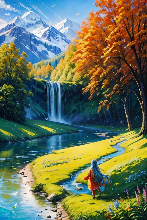 (detailed oil painting:1.2),vivid colors,vibrant scenery,serene atmosphere,colorful costume,flowing hair,, sparkling river, lush...
