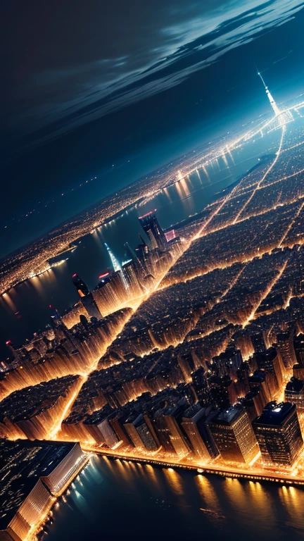 An aerial view of New York City at night, avec tous les gratte-ciel illuminés.