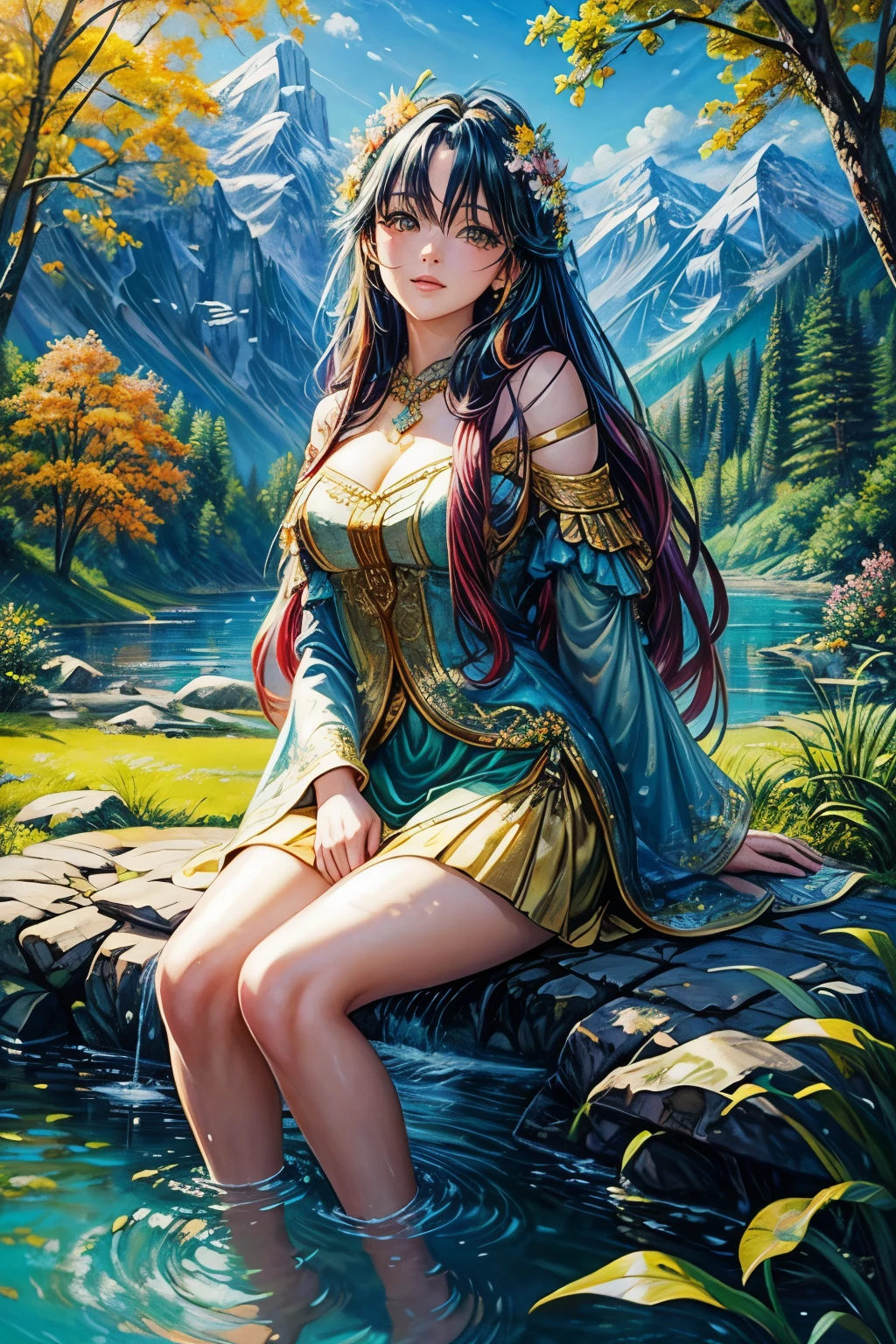 (detailed oil painting:1.2),vivid colors,vibrant scenery,serene atmosphere,colorful costume,flowing hair,, sparkling river, lush trees, peaceful meadows,delicate flowers,soft sunlight,playful breeze,majestic mountains,clear blue sky,realistic details,photorealistic style.