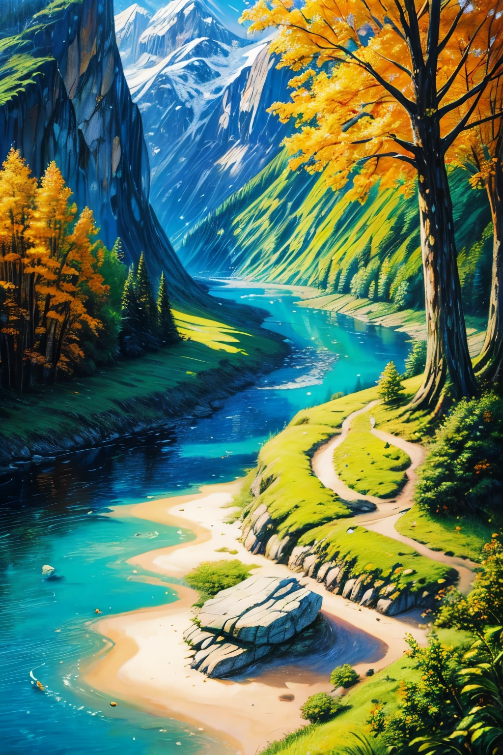 (detailed oil painting:1.2),vivid colors,vibrant scenery,serene atmosphere,colorful costume,flowing hair,, sparkling river, lush trees, peaceful meadows,delicate flowers,soft sunlight,playful breeze,majestic mountains,clear blue sky,realistic details,photorealistic style.