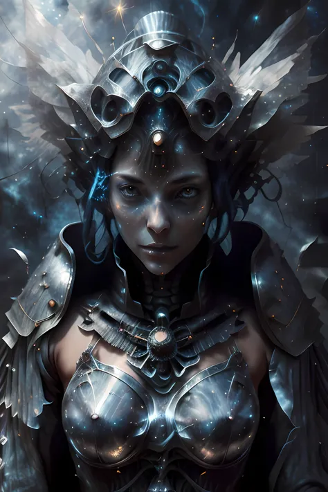  Blue Angel, Flying in starry night sky, , Silver Armour, shooting a counterspell. perfect face
