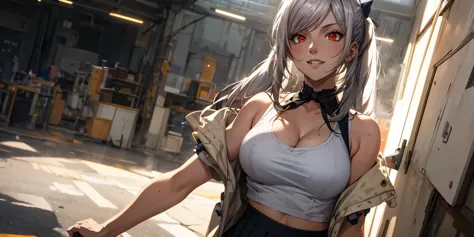 silver hair, twintail, bow, red eyes, breasts, epic art, fantasy, breasts, solo_focus, tank_top, large_breasts, cleavage, indoor...