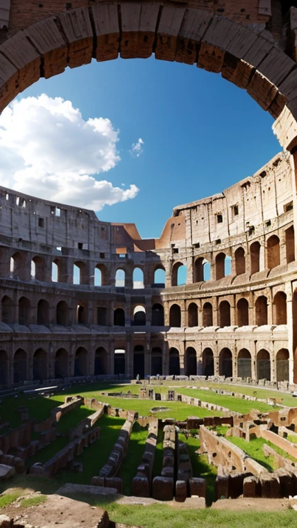 The Colosseum in Rome, surrounded by ancient ruins and people walking around.