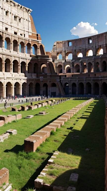 The Colosseum in Rome, surrounded by ancient ruins and people walking around.