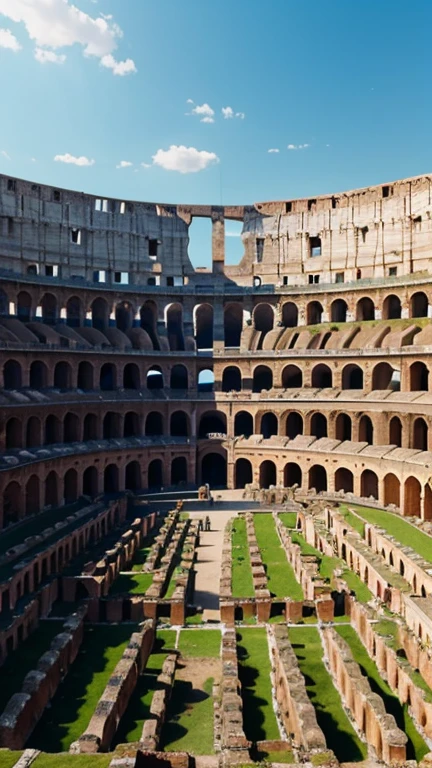 The Colosseum in Rome, surrounded by ancient ruins and people walking around.